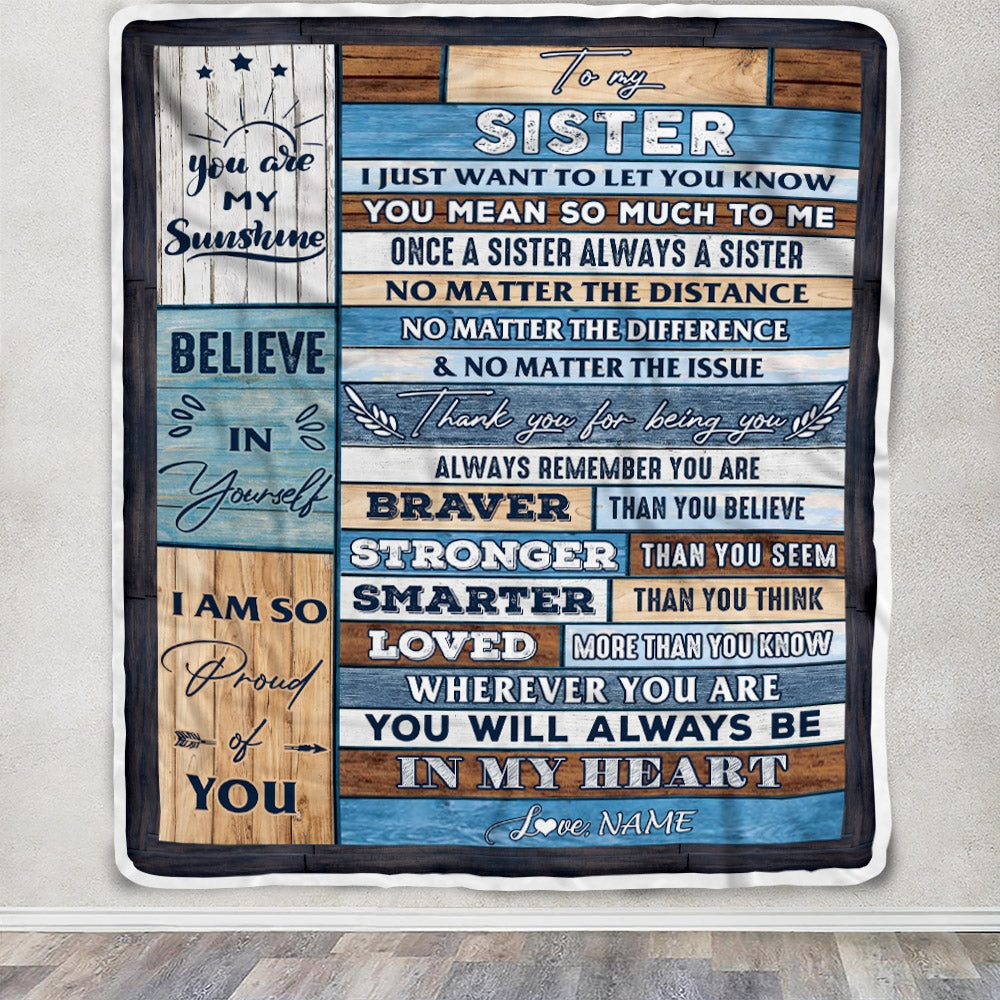 Personalized To My Sister Blanket From Brother Wood You Will Always Be In My Heart Sister Birthday Christmas Graduation Customized Bed Fleece Throw Blanket | siriusteestore