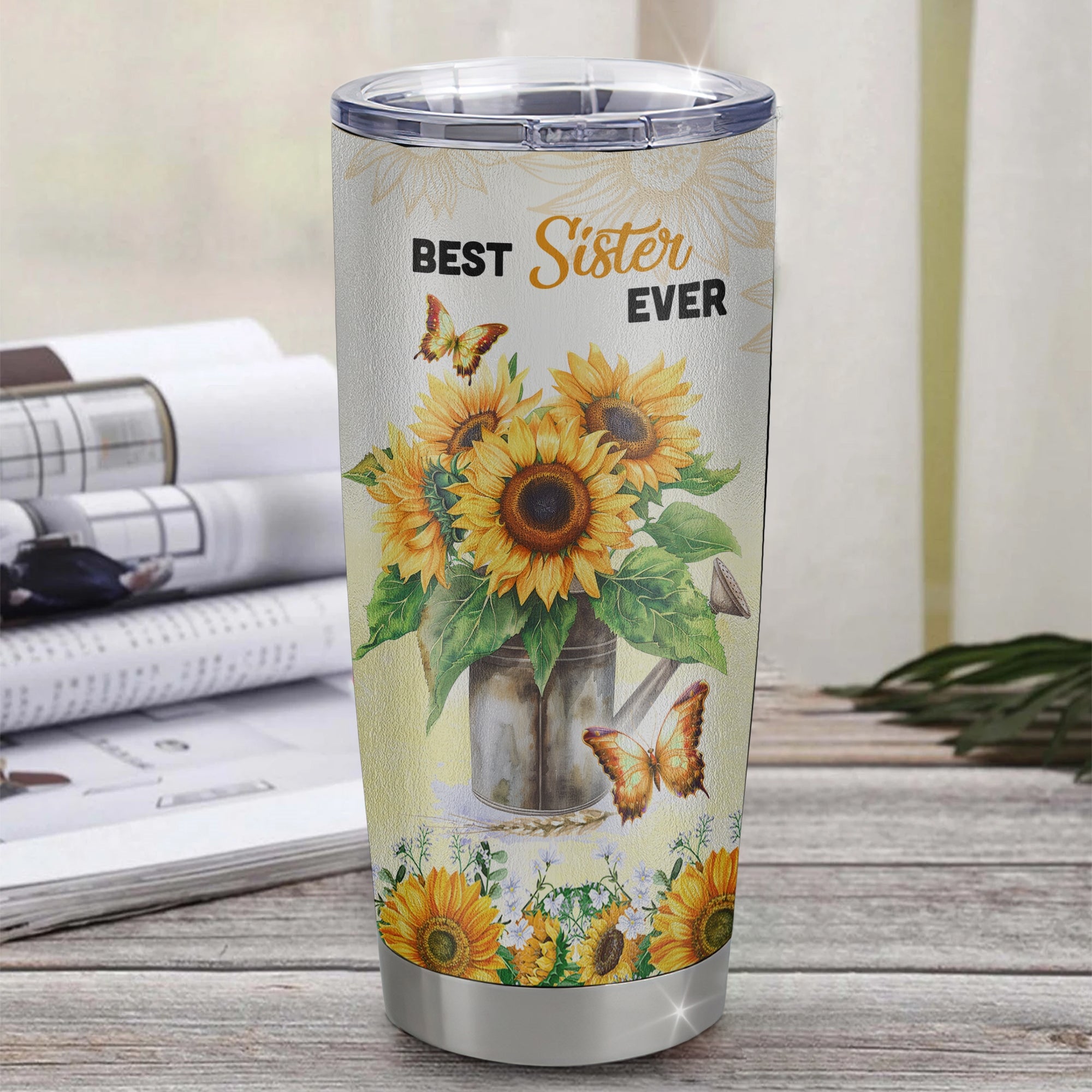 Personalized To My Sister From Brother Stainless Steel Tumbler Cup Laugh Love Live Butterfly Sunflower Sister Birthday Graduation Christmas Travel Mug | siriusteestore