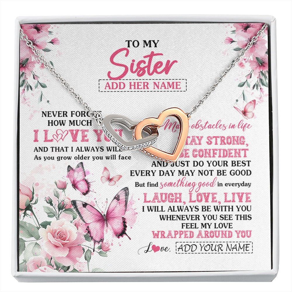 Interlocking Hearts Necklace Stainless Steel & Rose Gold Finish | 1 | Personalized To My Sister Gifts From Brother Necklace I Love You Butterfly Birthday Gifts For Sister Graduation Christmas Custom Gift Box Message Card | https://siriusteestore.