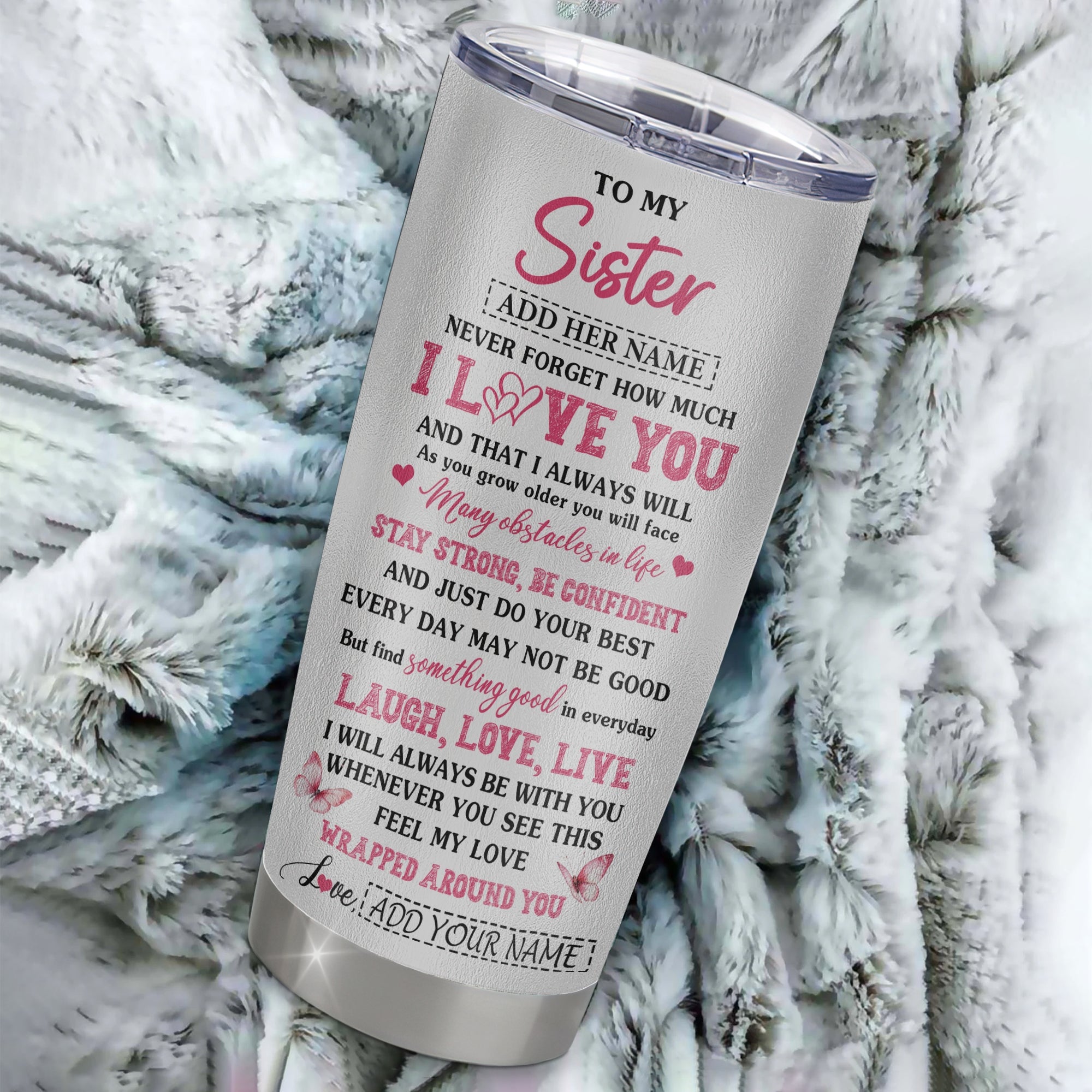 Personalized To My Sister Gifts From Brother Tumbler I Love You Butterfly Birthday Gifts For Sister Graduation Christmas Custom Stainless Steel Travel Mug | siriusteestore