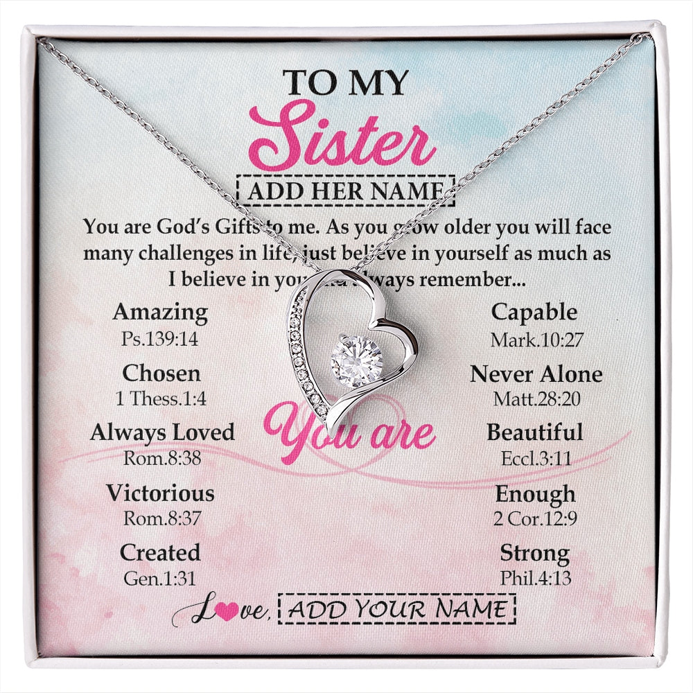Forever Love Necklace 14K White Gold Finish | 1 | Personalized To My Sister Gifts Necklace From Brother Christian Religious Jewelry Gifts For Sister Birthday Graduation Christmas Custom Gift Box Message Card | https://siriusteestore.
