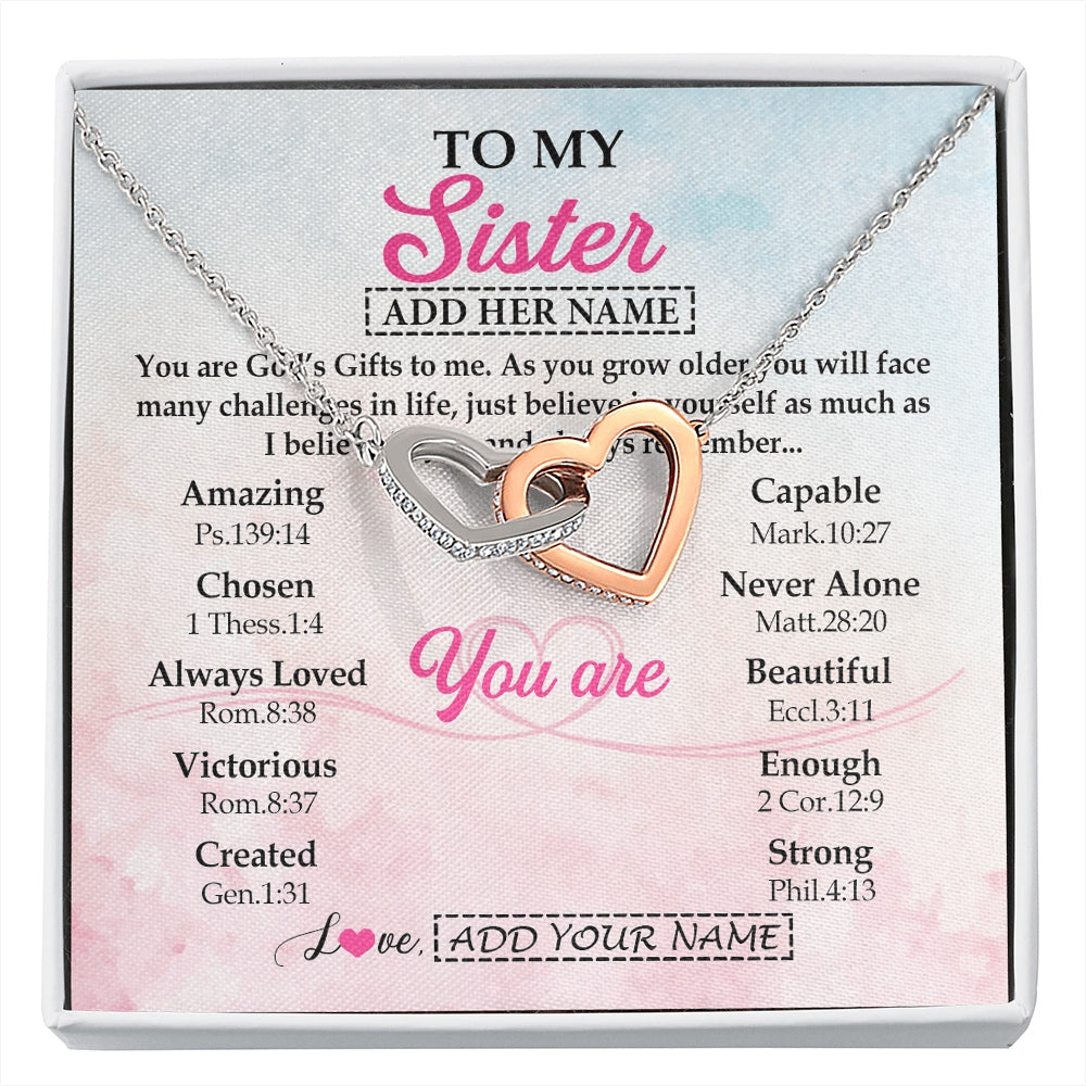 Interlocking Hearts Necklace Stainless Steel & Rose Gold Finish | 1 | Personalized To My Sister Gifts Necklace From Brother Christian Religious Jewelry Gifts For Sister Birthday Graduation Christmas Custom Gift Box Message Card | https://siriusteestore.