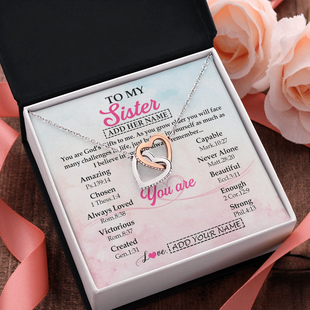 Interlocking Hearts Necklace Stainless Steel & Rose Gold Finish | 2 | Personalized To My Sister Gifts Necklace From Brother Christian Religious Jewelry Gifts For Sister Birthday Graduation Christmas Custom Gift Box Message Card | https://siriusteestore.