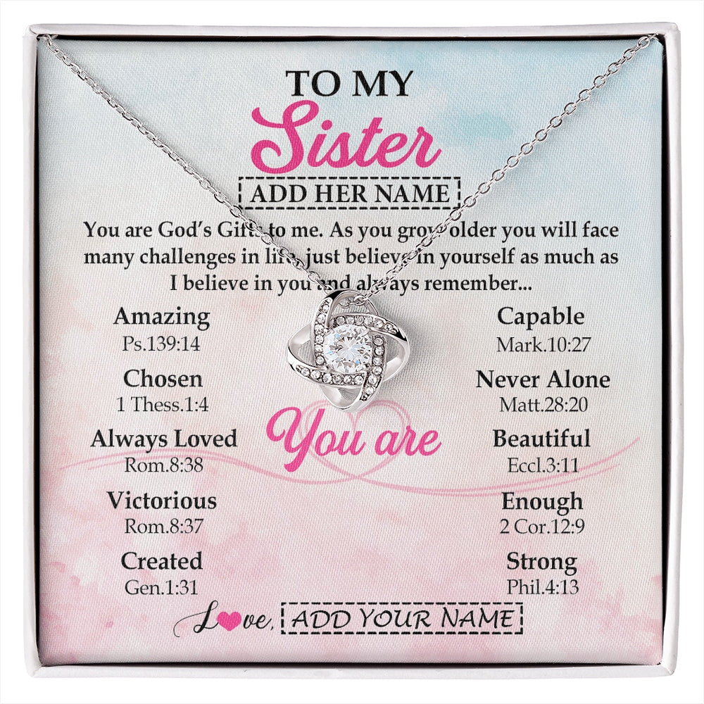 Love Knot Necklace 14K White Gold Finish | 1 | Personalized To My Sister Gifts Necklace From Brother Christian Religious Jewelry Gifts For Sister Birthday Graduation Christmas Custom Gift Box Message Card | https://siriusteestore.