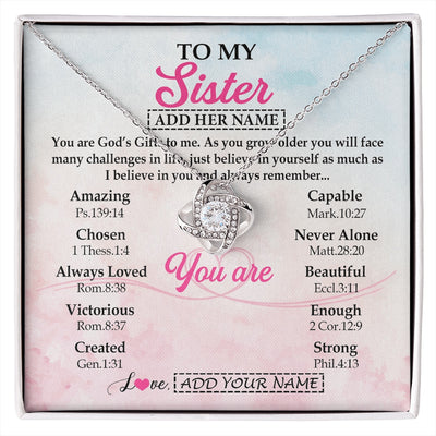 Love Knot Necklace 14K White Gold Finish | 1 | Personalized To My Sister Gifts Necklace From Brother Christian Religious Jewelry Gifts For Sister Birthday Graduation Christmas Custom Gift Box Message Card | https://siriusteestore.