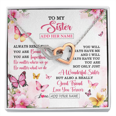 Interlocking Hearts Necklace Stainless Steel & Rose Gold Finish | 1 | Personalized To My Sister Gifts Necklace From Brother You Are Beautiful Birthday Gifts For Sister Graduation Christmas Custom Gift Box Message Card | https://siriusteestore.