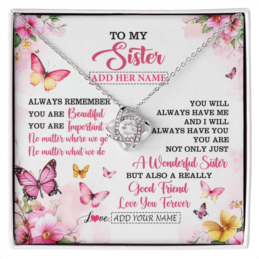 Love Knot Necklace 14K White Gold Finish | 1 | Personalized To My Sister Gifts Necklace From Brother You Are Beautiful Birthday Gifts For Sister Graduation Christmas Custom Gift Box Message Card | https://siriusteestore.