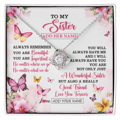 Love Knot Necklace 14K White Gold Finish | 1 | Personalized To My Sister Gifts Necklace From Brother You Are Beautiful Birthday Gifts For Sister Graduation Christmas Custom Gift Box Message Card | https://siriusteestore.