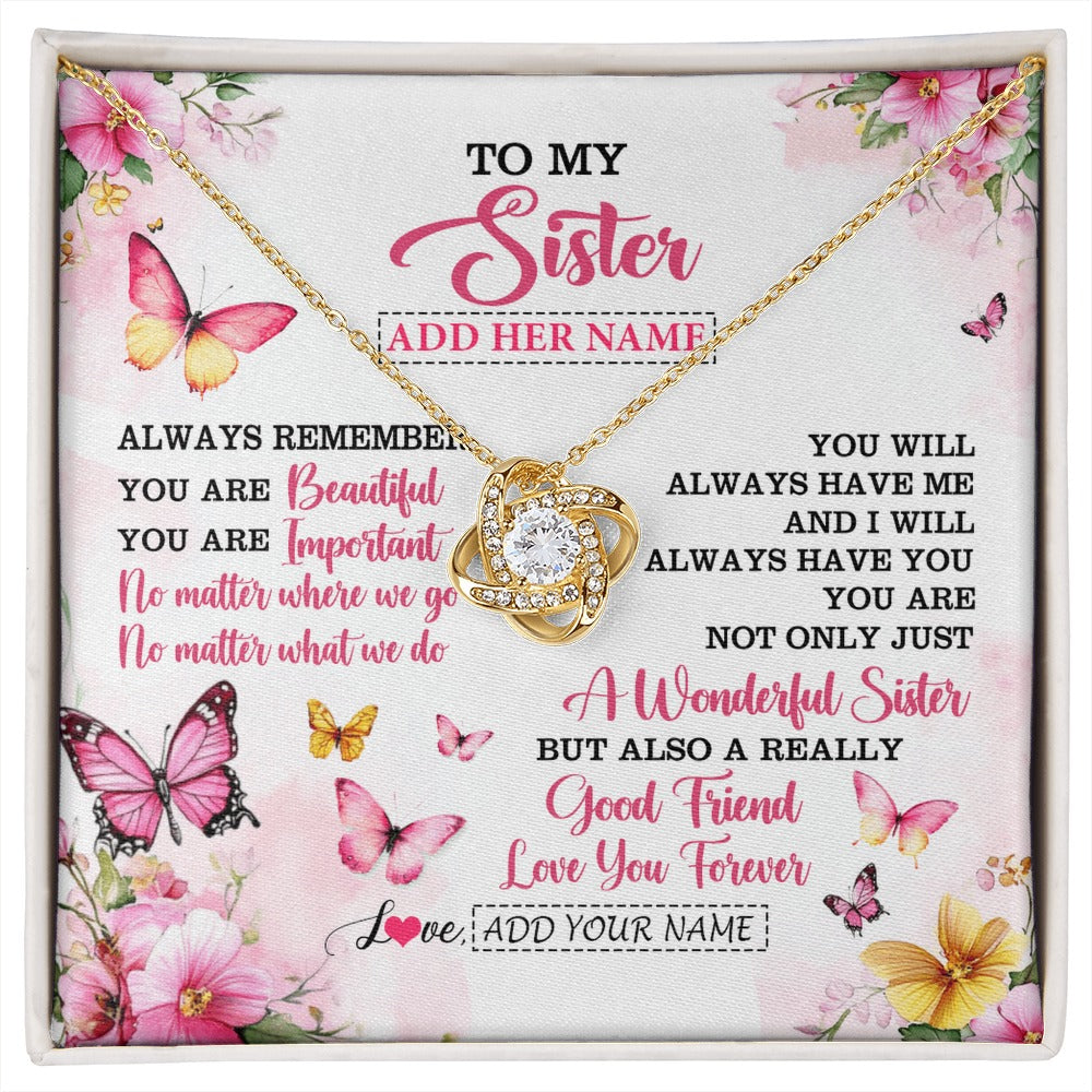 Love Knot Necklace 18K Yellow Gold Finish | 1 | Personalized To My Sister Gifts Necklace From Brother You Are Beautiful Birthday Gifts For Sister Graduation Christmas Custom Gift Box Message Card | https://siriusteestore.