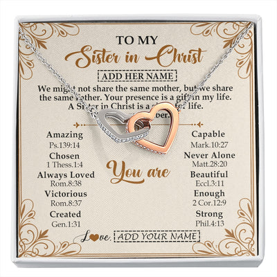 Interlocking Hearts Necklace Stainless Steel & Rose Gold Finish | 1 | Personalized To My Sister In Christ From Brother Necklace Always Remember Birthday Gift Idea For Sister Gifts Christmas Christian Custom Gift Box Message Card | https://siriusteestore.