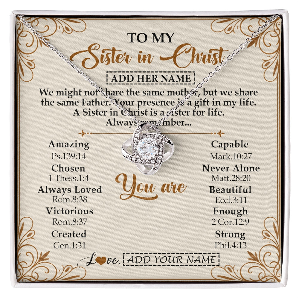 Love Knot Necklace 14K White Gold Finish | 1 | Personalized To My Sister In Christ From Brother Necklace Always Remember Birthday Gift Idea For Sister Gifts Christmas Christian Custom Gift Box Message Card | https://siriusteestore.