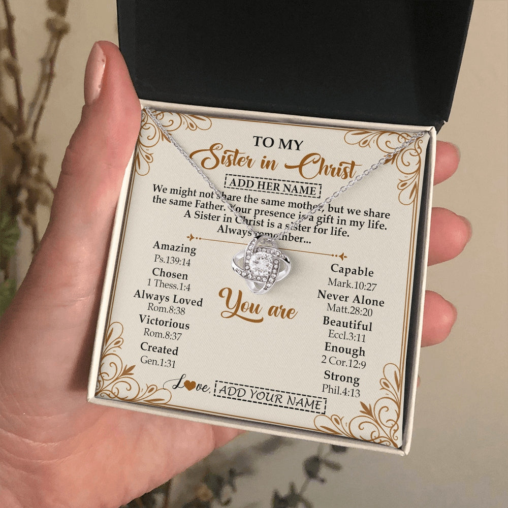Love Knot Necklace 14K White Gold Finish | 2 | Personalized To My Sister In Christ From Brother Necklace Always Remember Birthday Gift Idea For Sister Gifts Christmas Christian Custom Gift Box Message Card | https://siriusteestore.
