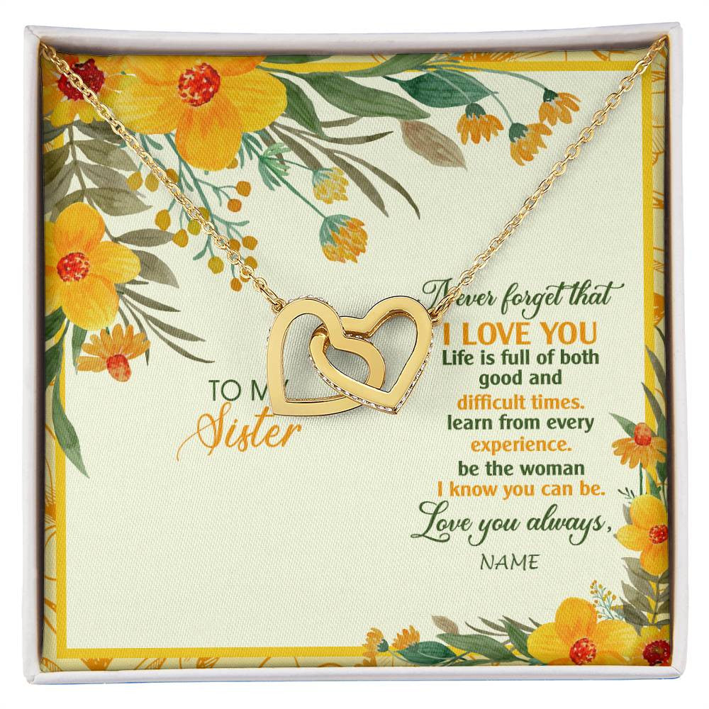 Interlocking Hearts Necklace 18K Yellow Gold Finish | Personalized To My Sister Necklace From Brother Flower Never Forget That I Love You Sister Birthday Christmas Graduation Customized Gift Box Message Card | siriusteestore