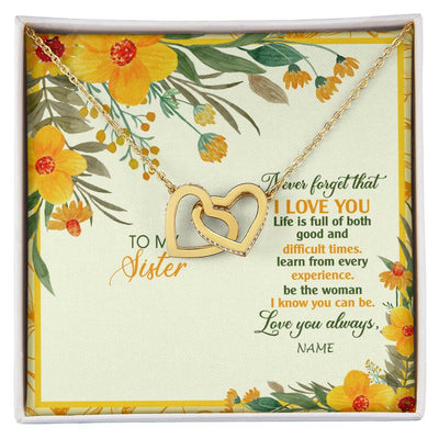 Interlocking Hearts Necklace 18K Yellow Gold Finish | Personalized To My Sister Necklace From Brother Flower Never Forget That I Love You Sister Birthday Christmas Graduation Customized Gift Box Message Card | siriusteestore