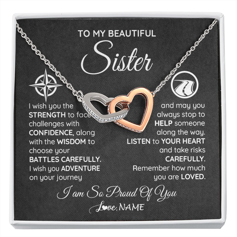 Interlocking Hearts Necklace Stainless Steel & Rose Gold Finish | 1 | Personalized To My Sister Necklace From Brother I Wish You The Strength Sister Birthday Graduation Inspirational Customized Gift Box Message Card | siriusteestore.myshopify