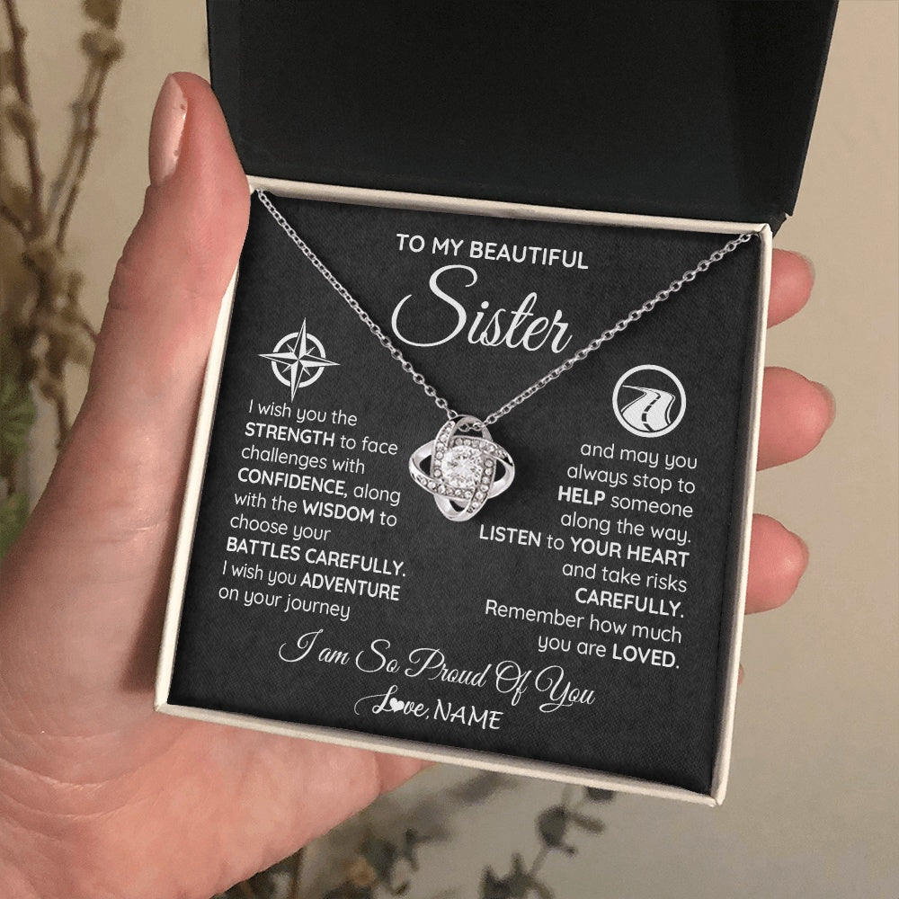 Love Knot Necklace 14K White Gold Finish | 2 | Personalized To My Sister Necklace From Brother I Wish You The Strength Sister Birthday Graduation Inspirational Customized Gift Box Message Card | siriusteestore.myshopify