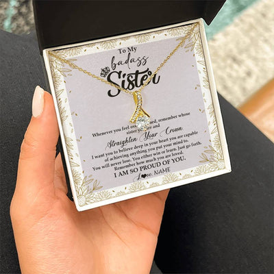 Alluring Beauty Necklace 18K Yellow Gold Finish | Personalized To My Sister Necklace From Brother Sister Straighten Your Crown Sister Birthday Christmas Graduation Jewelry Customized Gift Box Message Card | siriusteestore