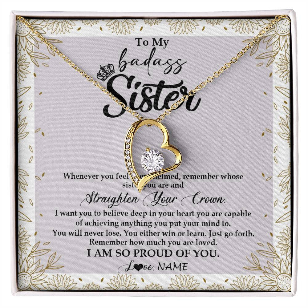 Forever Love Necklace 18K Yellow Gold Finish | Personalized To My Sister Necklace From Brother Sister Straighten Your Crown Sister Birthday Christmas Graduation Jewelry Customized Gift Box Message Card | siriusteestore