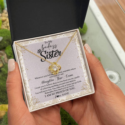 Love Knot Necklace 18K Yellow Gold Finish | Personalized To My Sister Necklace From Brother Sister Straighten Your Crown Sister Birthday Christmas Graduation Jewelry Customized Gift Box Message Card | siriusteestore