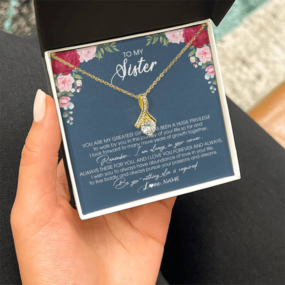 Alluring Beauty Necklace 18K Yellow Gold Finish | Personalized To My Sister Necklace From Brother Sister You Are My Greatest Gift Sister Birthday Christmas Customized Jewelry Gift Box Message Card | siriusteestore