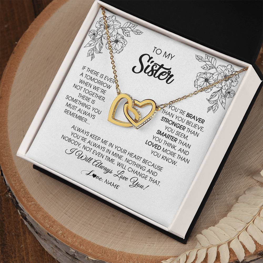 Interlocking Hearts Necklace 18K Yellow Gold Finish | Personalized To My Sister Necklace From Brother Sister You're Braver Stronger Smarter Sister Birthday Christmas Customized Jewelry Gift Box Message Card | siriusteestore