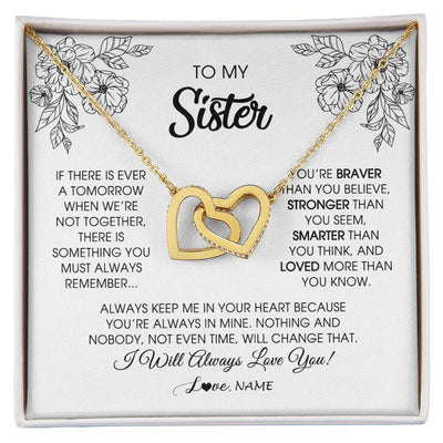 Interlocking Hearts Necklace 18K Yellow Gold Finish | Personalized To My Sister Necklace From Brother Sister You're Braver Stronger Smarter Sister Birthday Christmas Customized Jewelry Gift Box Message Card | siriusteestore