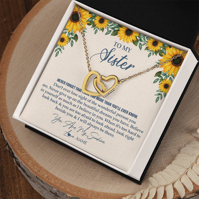 Interlocking Hearts Necklace 18K Yellow Gold Finish | Personalized To My Sister Necklace From Brother Sunflower You Are My Sunshine Sister Jewelry Graduation Birthday Christmas Customized Gift Box Message Card | siriusteestore