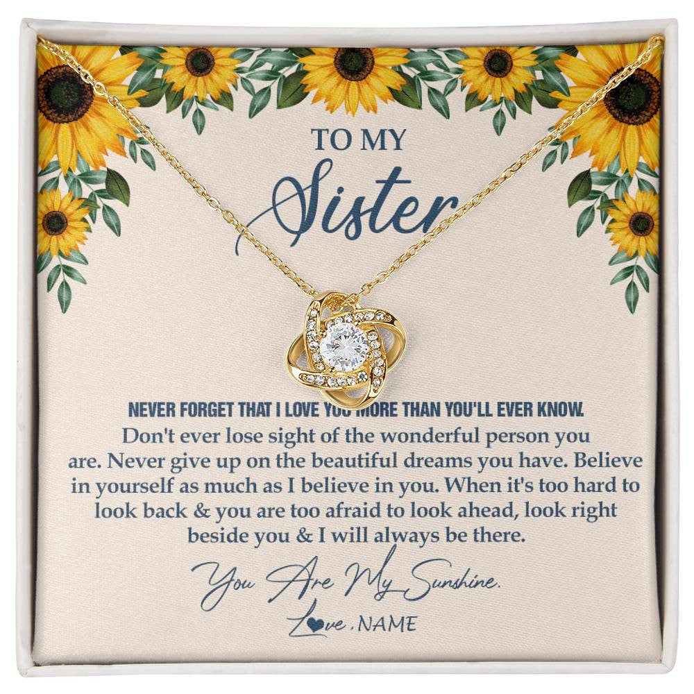 Love Knot Necklace 18K Yellow Gold Finish | Personalized To My Sister Necklace From Brother Sunflower You Are My Sunshine Sister Jewelry Graduation Birthday Christmas Customized Gift Box Message Card | siriusteestore