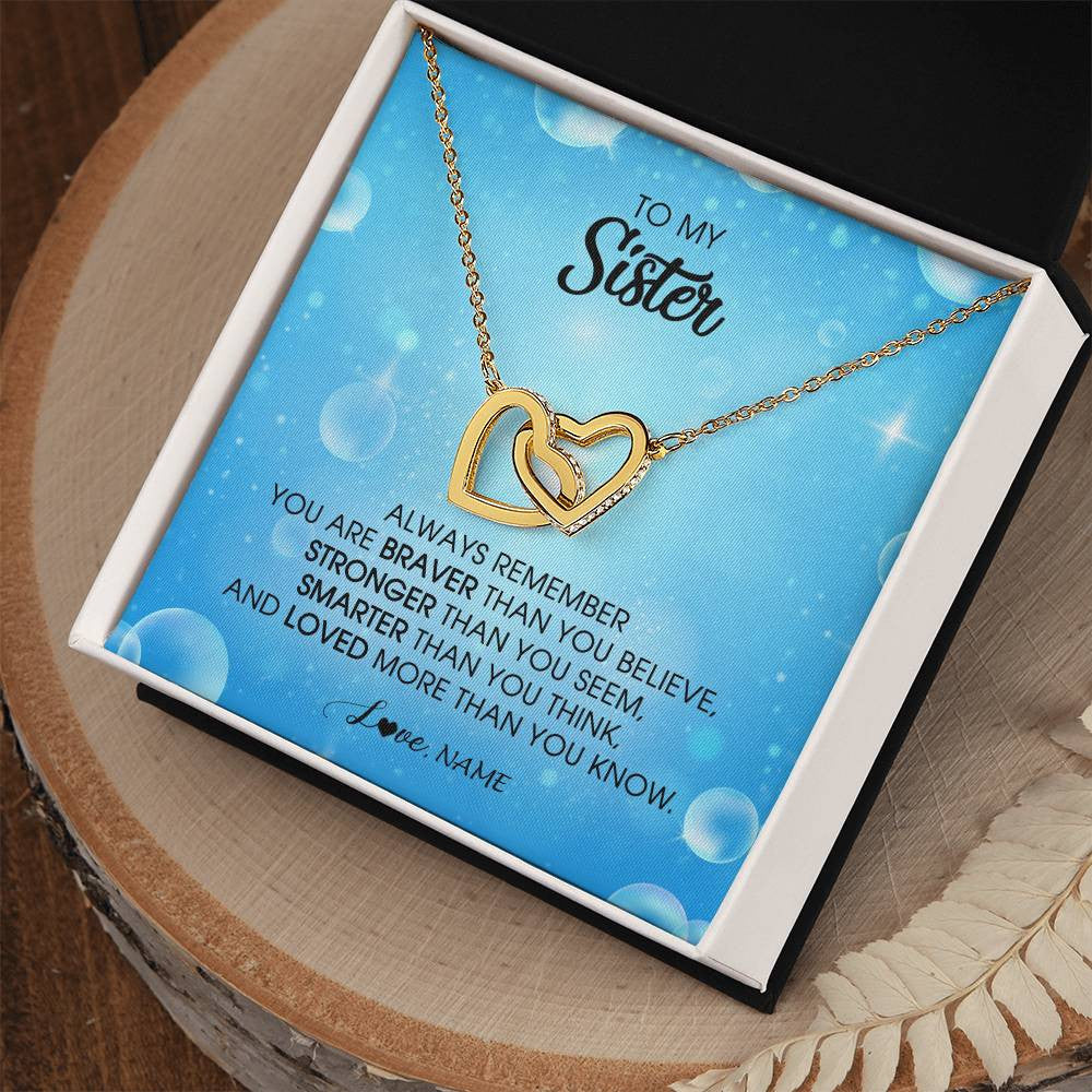 Interlocking Hearts Necklace 18K Yellow Gold Finish | Personalized To My Sister Necklace From Sister Brother Always Remember You Are Braver Sister Pendant Jewelry Birthday Christmas Customized Message Card | siriusteestore