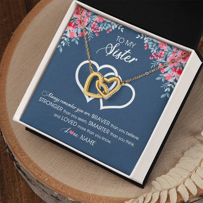 Interlocking Hearts Necklace 18K Yellow Gold Finish | Personalized To My Sister Necklace From Sister Brother Braver Stronger Smarter Loved Sister Pendant Jewelry Birthday Christmas Customized Message Card | siriusteestore
