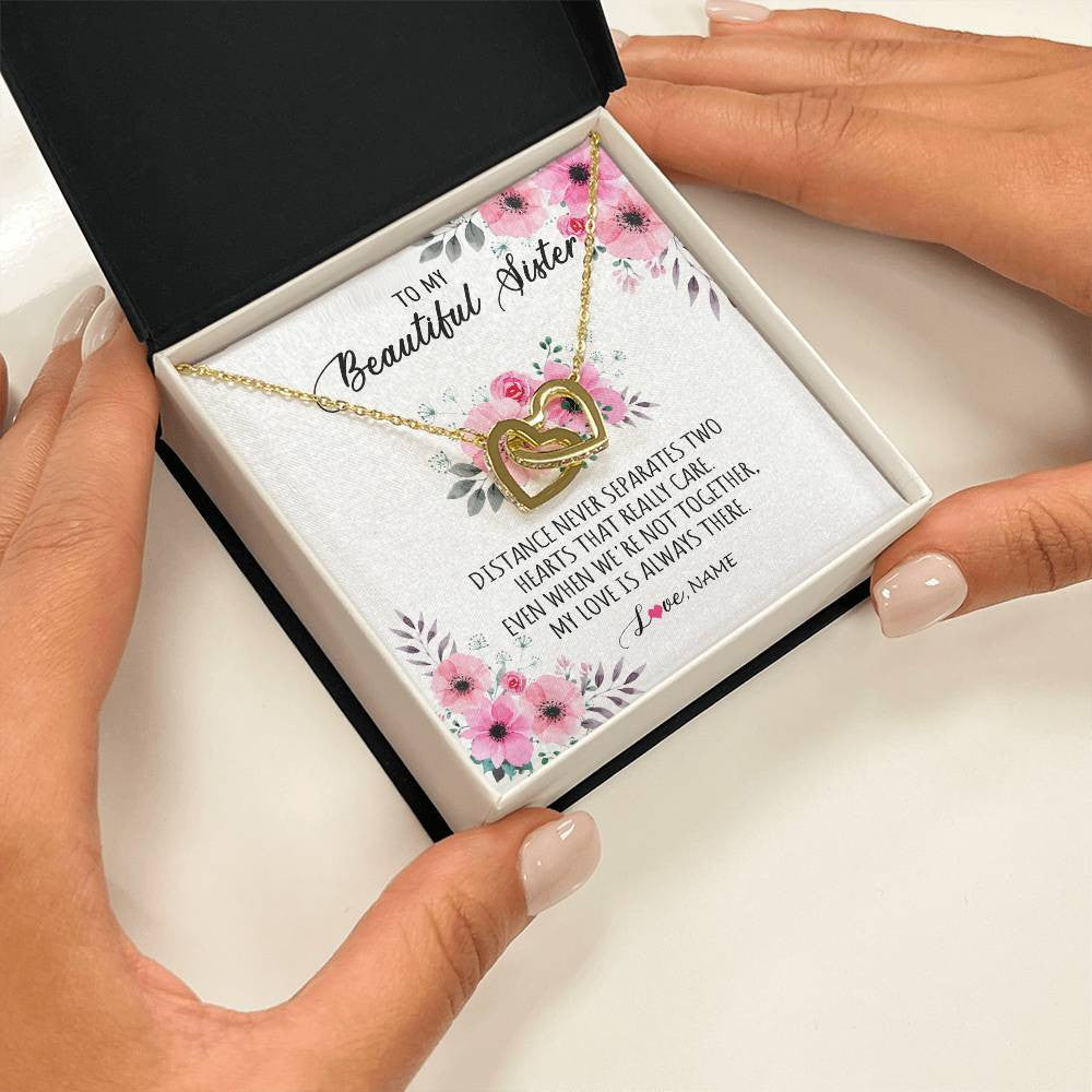 Interlocking Hearts Necklace 18K Yellow Gold Finish | Personalized To My Sister Necklace From Sister Brother My Love Is Always There Sister Birthday Graduation Christmas Jewelry Customized Gift Box Message Card | siriusteestore
