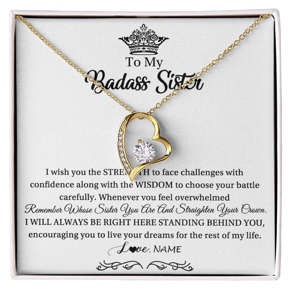 Forever Love Necklace 18K Yellow Gold Finish | Personalized To My Sister Necklace From Sister Brother Straighten Your Crown Sister Pendant Jewelry Birthday Christmas Customized Gift Box Message Card | siriusteestore