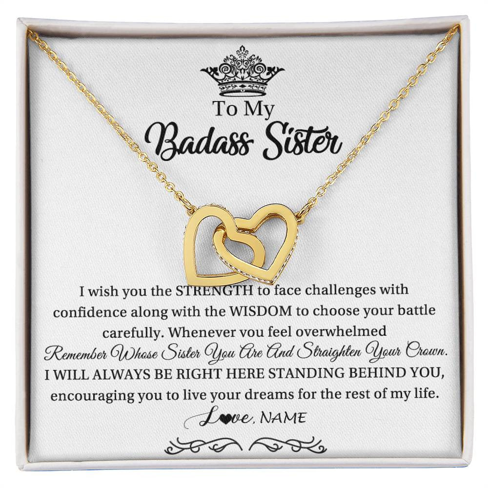 Interlocking Hearts Necklace 18K Yellow Gold Finish | Personalized To My Sister Necklace From Sister Brother Straighten Your Crown Sister Pendant Jewelry Birthday Christmas Customized Gift Box Message Card | siriusteestore