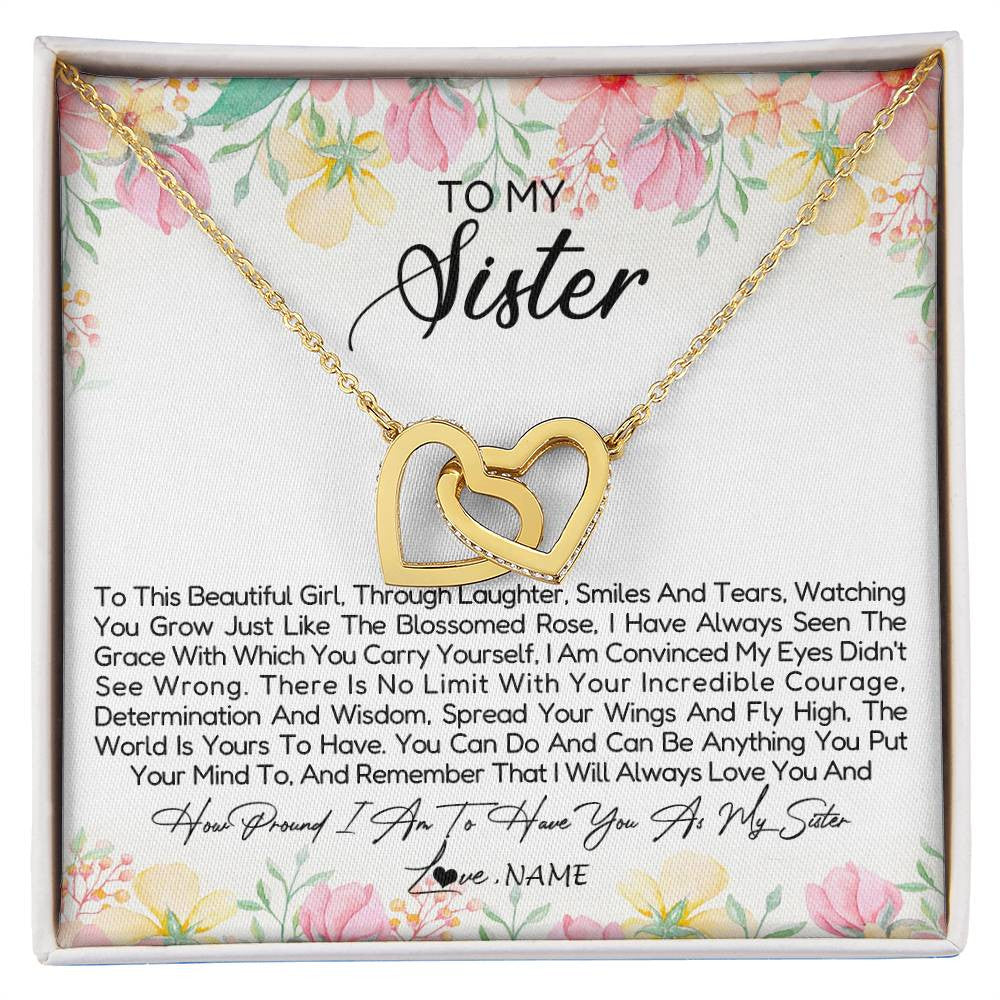 Interlocking Hearts Necklace 18K Yellow Gold Finish | Personalized To My Sister Necklace From Sister Brother To This Beautiful Girl Sister Pendant Jewelry Birthday Christmas Customized Gift Box Message Card | siriusteestore
