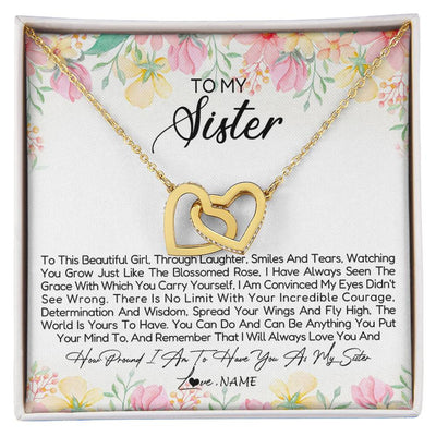Interlocking Hearts Necklace 18K Yellow Gold Finish | Personalized To My Sister Necklace From Sister Brother To This Beautiful Girl Sister Pendant Jewelry Birthday Christmas Customized Gift Box Message Card | siriusteestore