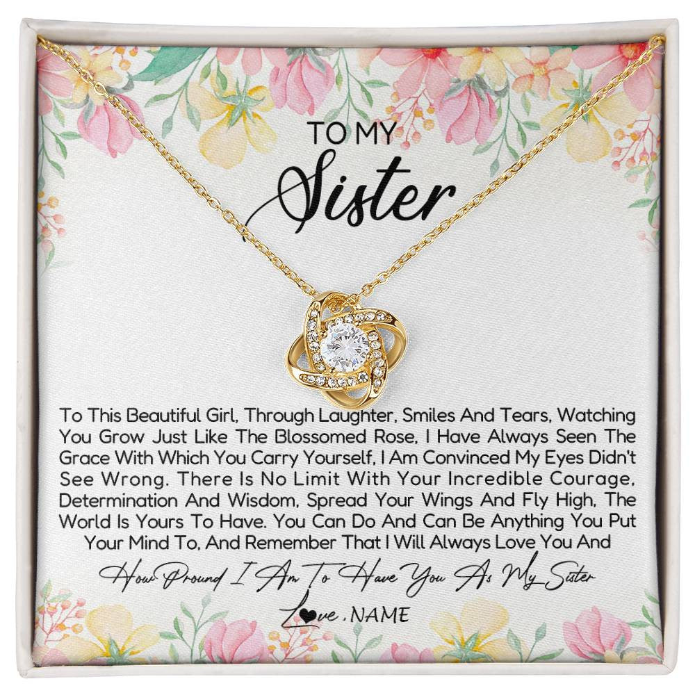 Love Knot Necklace 18K Yellow Gold Finish | Personalized To My Sister Necklace From Sister Brother To This Beautiful Girl Sister Pendant Jewelry Birthday Christmas Customized Gift Box Message Card | siriusteestore