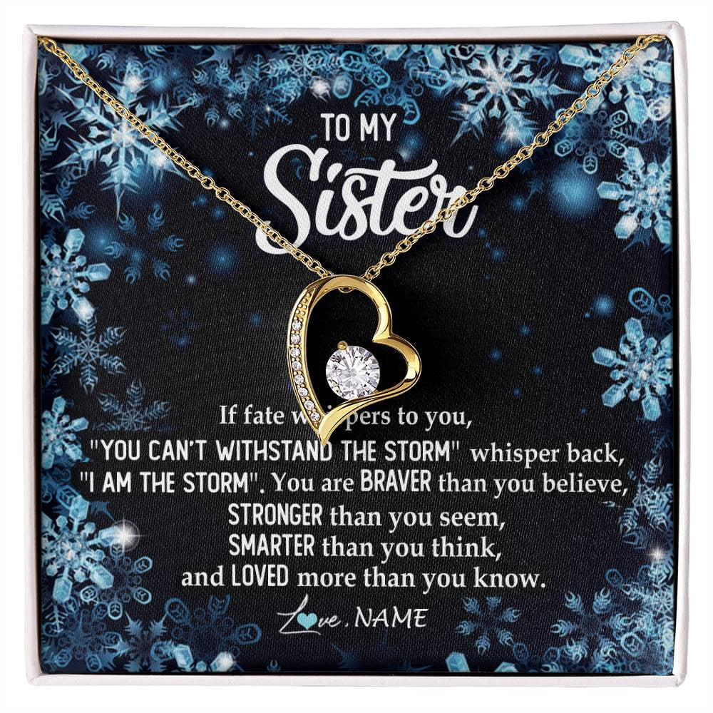 Forever Love Necklace 18K Yellow Gold Finish | Personalized To My Sister Necklace From Sister Brother Whisper Back I Am The Storm Sister Pendant Jewelry Birthday Graduation Christmas Customized Message Card | siriusteestore
