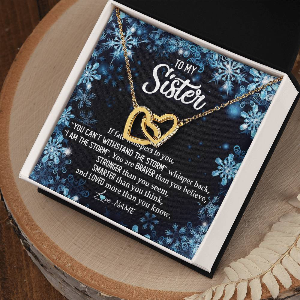 Interlocking Hearts Necklace 18K Yellow Gold Finish | Personalized To My Sister Necklace From Sister Brother Whisper Back I Am The Storm Sister Pendant Jewelry Birthday Graduation Christmas Customized Message Card | siriusteestore