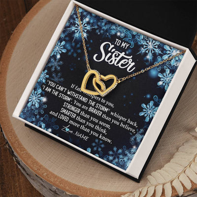 Interlocking Hearts Necklace 18K Yellow Gold Finish | Personalized To My Sister Necklace From Sister Brother Whisper Back I Am The Storm Sister Pendant Jewelry Birthday Graduation Christmas Customized Message Card | siriusteestore