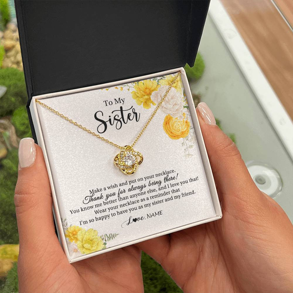 Love Knot Necklace 18K Yellow Gold Finish | Personalized To My Sister Necklace From Sister My Friend Unbiological Sister Soul Sister Birthday Christmas Graduation Jewelry Customized Gift Box Message Card | siriusteestore