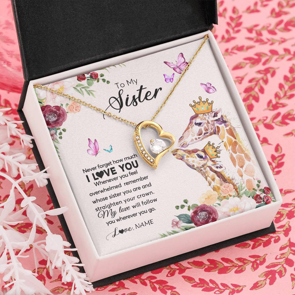 Forever Love Necklace 18K Yellow Gold Finish | Personalized To My Sister Necklace Giraffe Never Forget How Much I Love You Sister Jewelry Birthday Graduation Christmas Customized Gift Box Message Card | siriusteestore