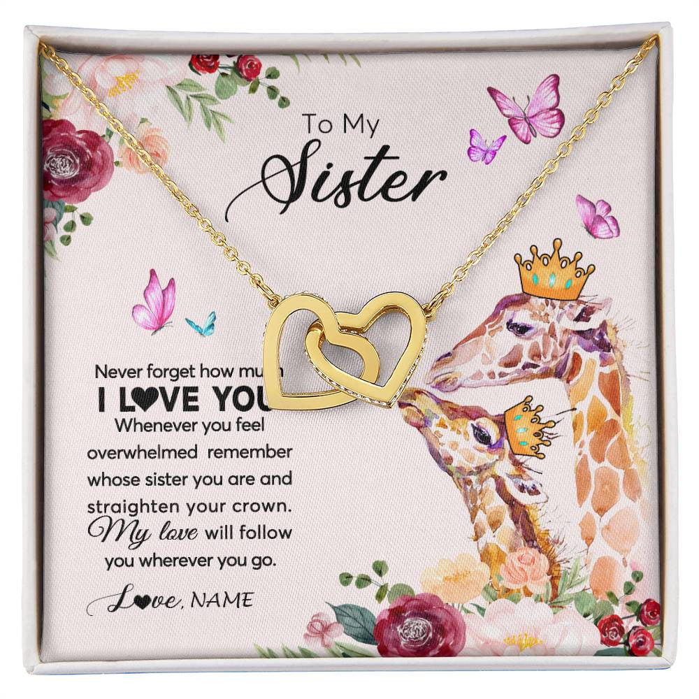 Interlocking Hearts Necklace 18K Yellow Gold Finish | Personalized To My Sister Necklace Giraffe Never Forget How Much I Love You Sister Jewelry Birthday Graduation Christmas Customized Gift Box Message Card | siriusteestore
