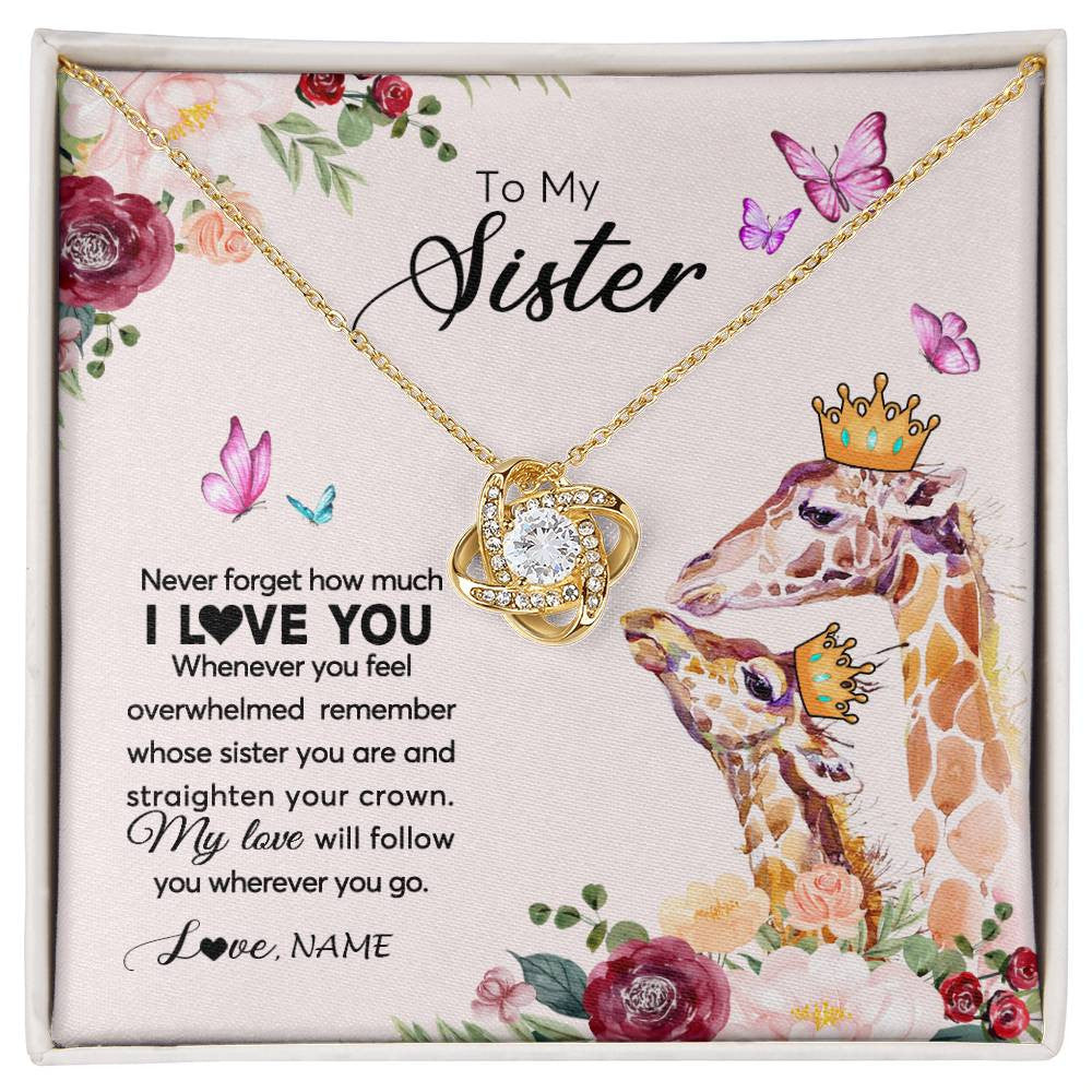Love Knot Necklace 18K Yellow Gold Finish | Personalized To My Sister Necklace Giraffe Never Forget How Much I Love You Sister Jewelry Birthday Graduation Christmas Customized Gift Box Message Card | siriusteestore