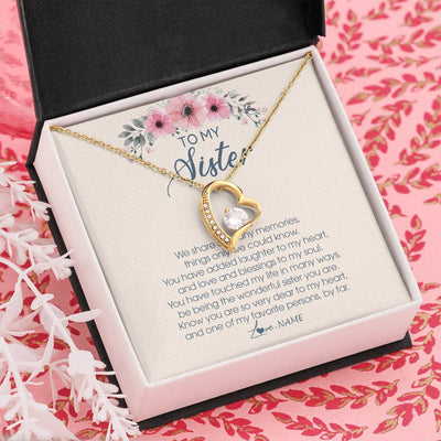Forever Love Necklace 18K Yellow Gold Finish | Personalized To My Sister Necklace On Her Wedding Day We Share So Many Memories Sister Jewelry Birthday Graduation Christmas Customized Gift Box Message Card | siriusteestore