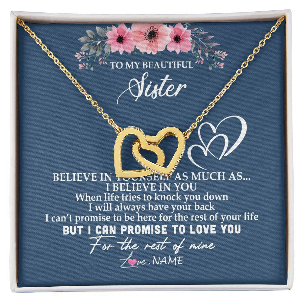 Interlocking Hearts Necklace 18K Yellow Gold Finish | Personalized To My Sister Necklace from Brother Sister Believe In Yourself Sister Birthday Graduation Christmas Customized Message Card | siriusteestore