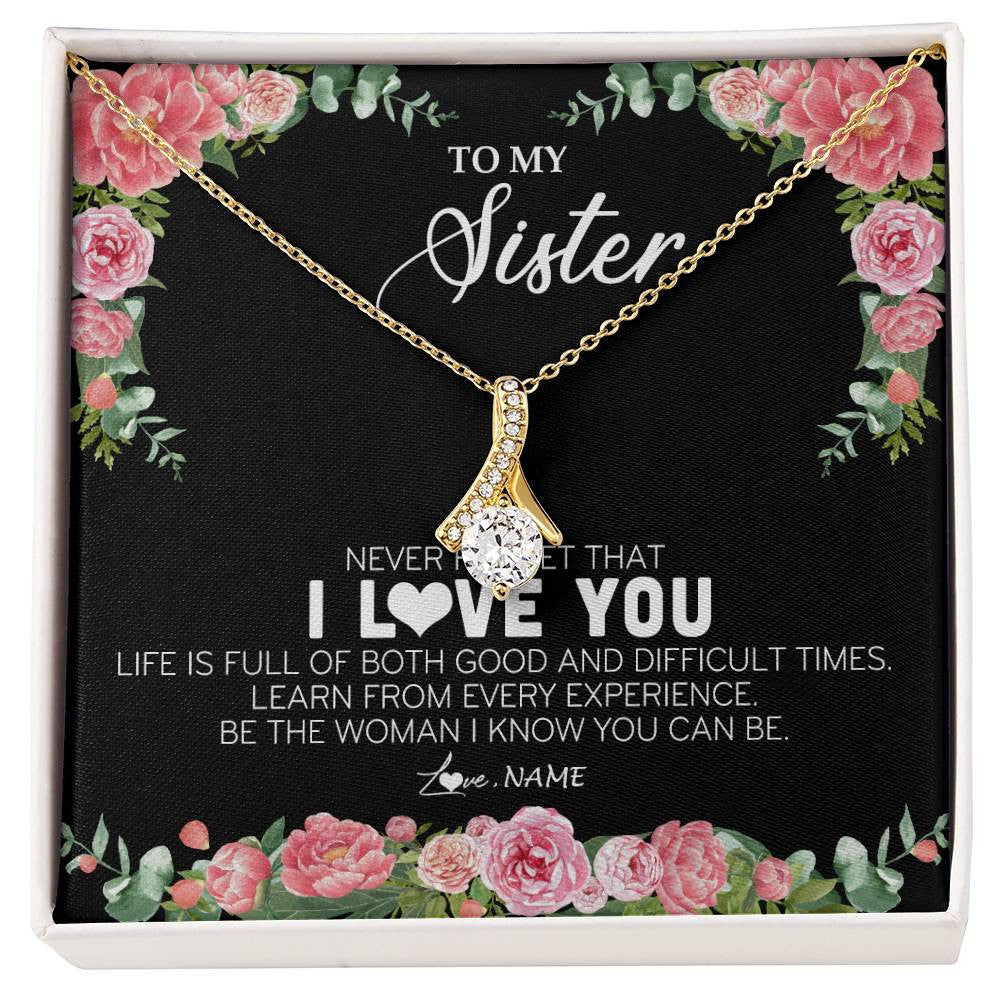 Alluring Beauty Necklace 18K Yellow Gold Finish | Personalized To My Sister Necklace from Brother Sister Never Forget I Love You Floral Jewelry for Sister Birthday Graduation Christmas Customized Message Card | siriusteestore