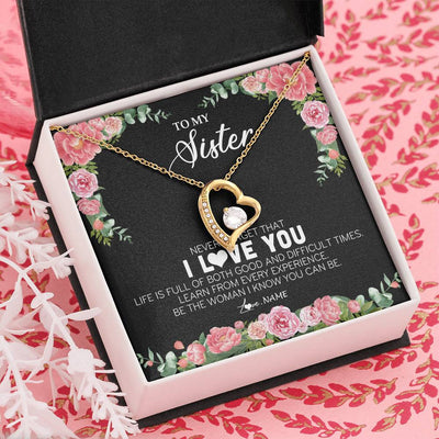 Forever Love Necklace 18K Yellow Gold Finish | Personalized To My Sister Necklace from Brother Sister Never Forget I Love You Floral Jewelry for Sister Birthday Graduation Christmas Customized Message Card | siriusteestore