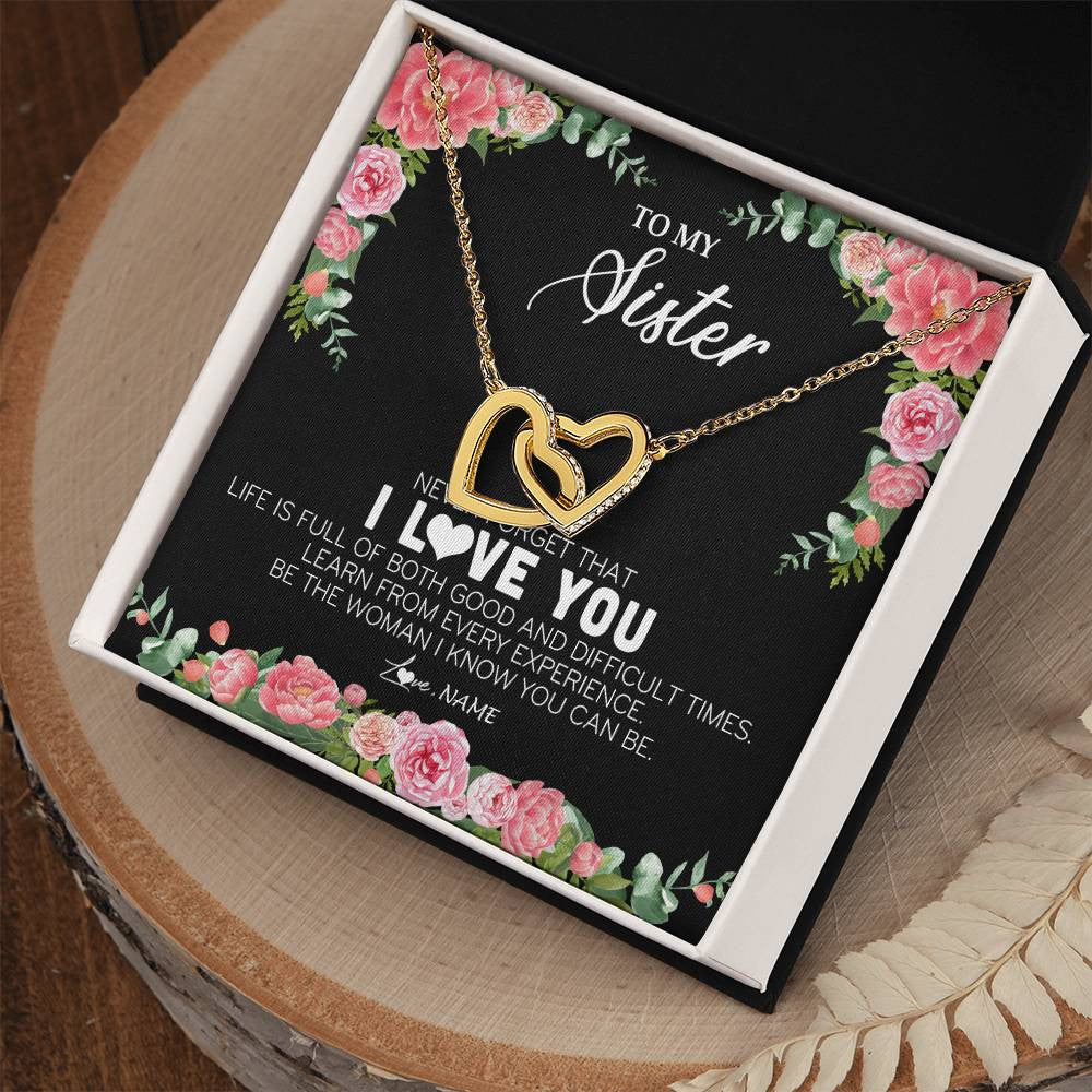 Interlocking Hearts Necklace 18K Yellow Gold Finish | Personalized To My Sister Necklace from Brother Sister Never Forget I Love You Floral Jewelry for Sister Birthday Graduation Christmas Customized Message Card | siriusteestore