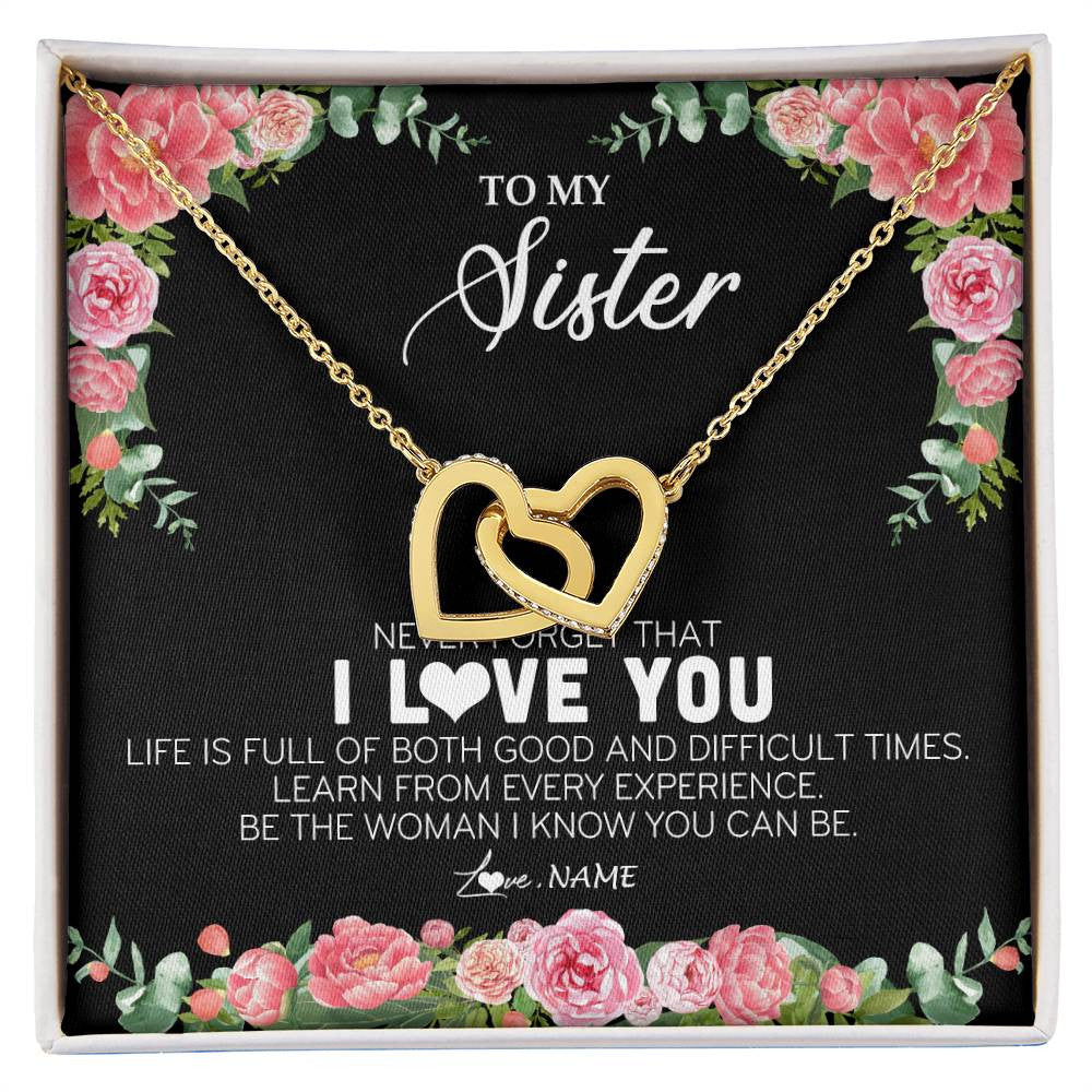 Interlocking Hearts Necklace 18K Yellow Gold Finish | Personalized To My Sister Necklace from Brother Sister Never Forget I Love You Floral Jewelry for Sister Birthday Graduation Christmas Customized Message Card | siriusteestore
