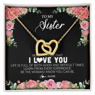 Interlocking Hearts Necklace 18K Yellow Gold Finish | Personalized To My Sister Necklace from Brother Sister Never Forget I Love You Floral Jewelry for Sister Birthday Graduation Christmas Customized Message Card | siriusteestore